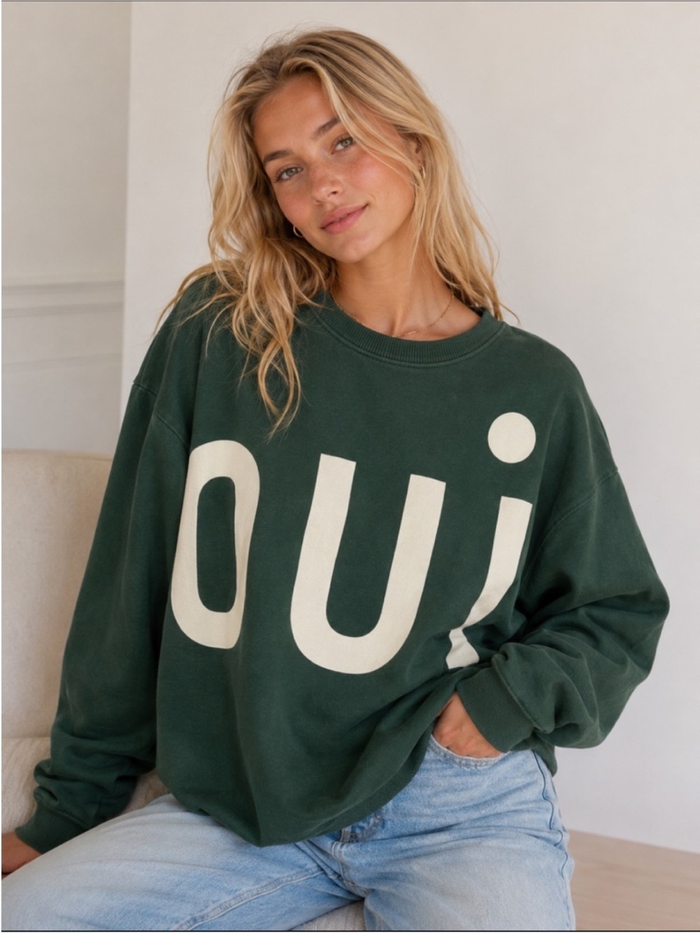 Clare V Oui Crewneck Sweatshirt Green Graphic Pullover Oversized 57067